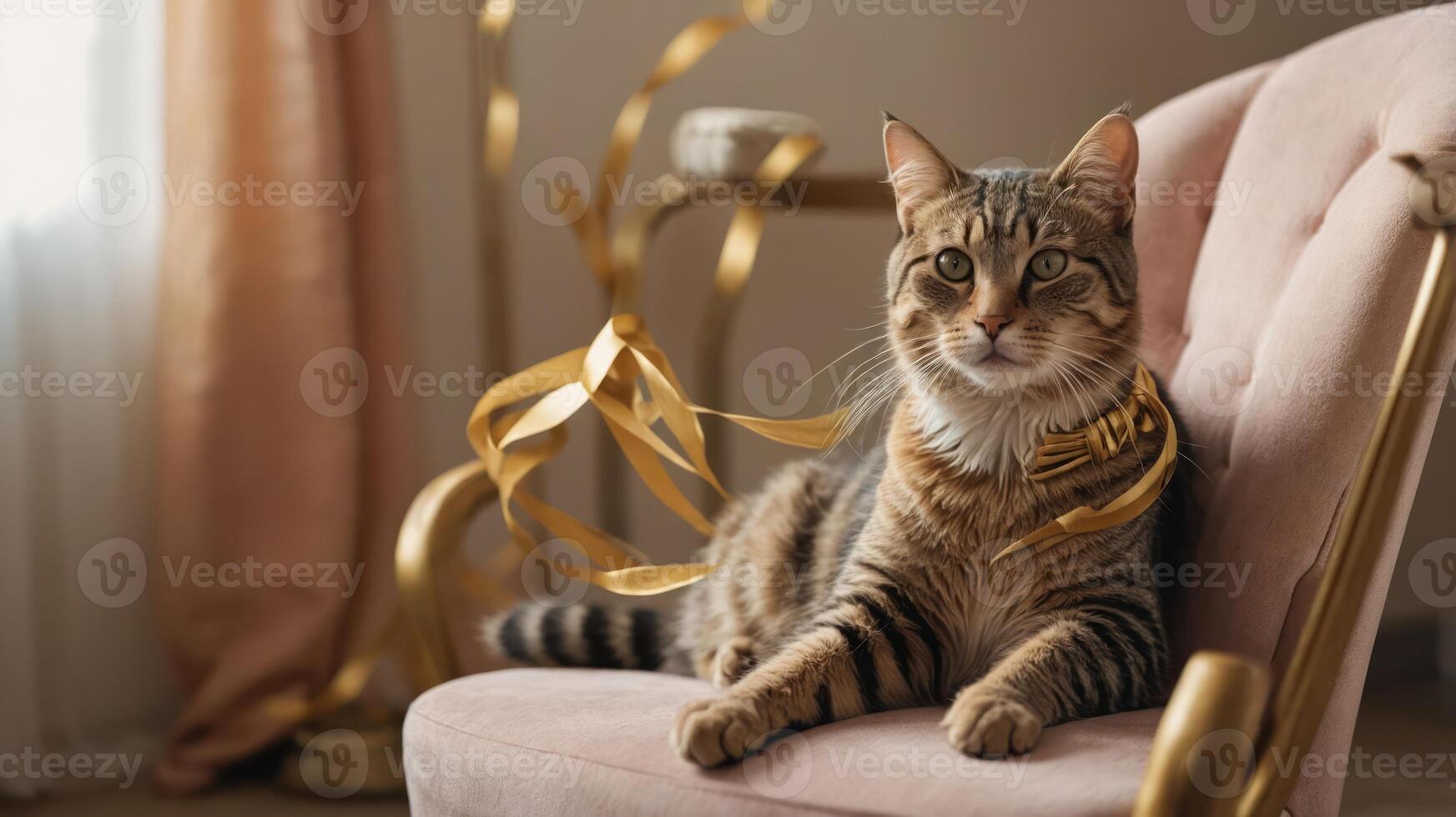 A cat lounging on a pink chair adorned with golden ribbons, creating a festive atmosphere. photo