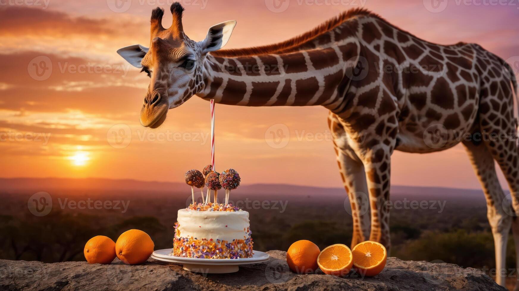 A whimsical scene featuring a giraffe beside a festive cake and oranges at sunset. photo