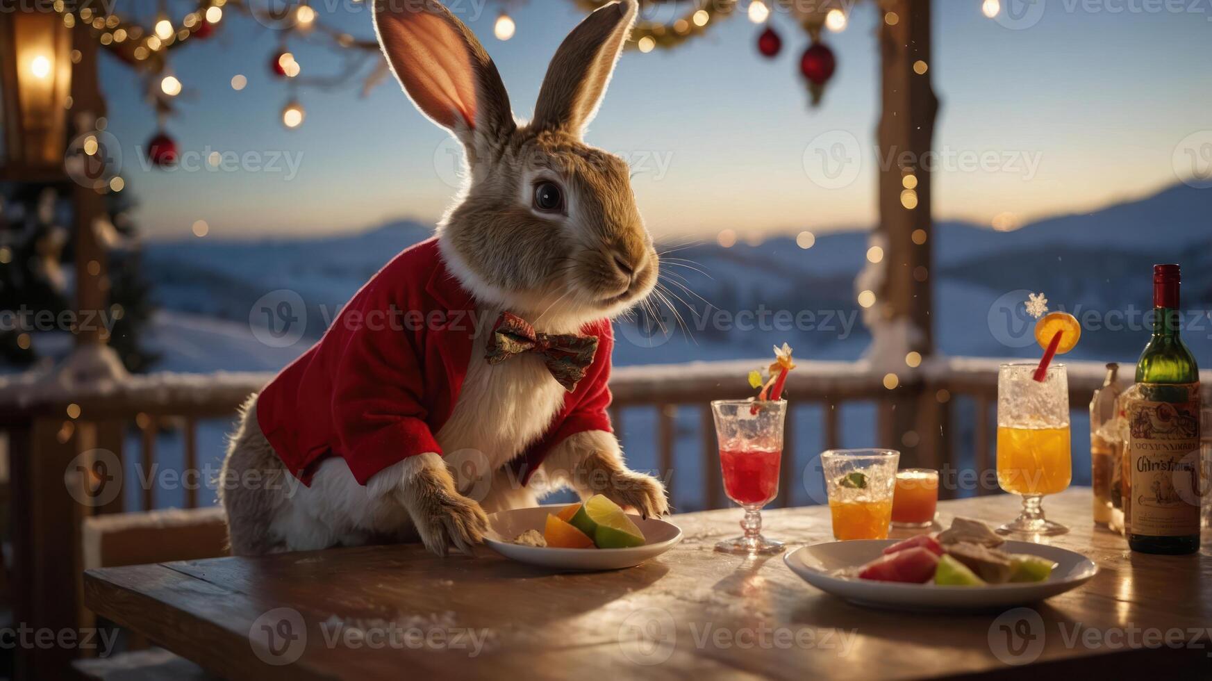 A whimsical rabbit in a red jacket enjoying a festive meal and drinks at sunset. photo