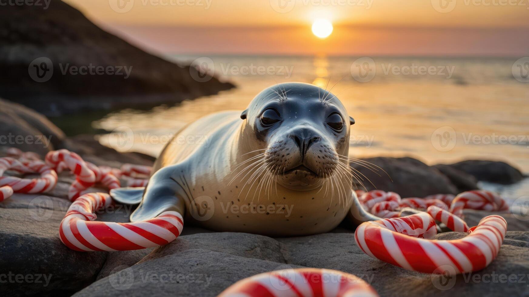 A seal resting on rocks surrounded by candy canes at sunset by the ocean. photo