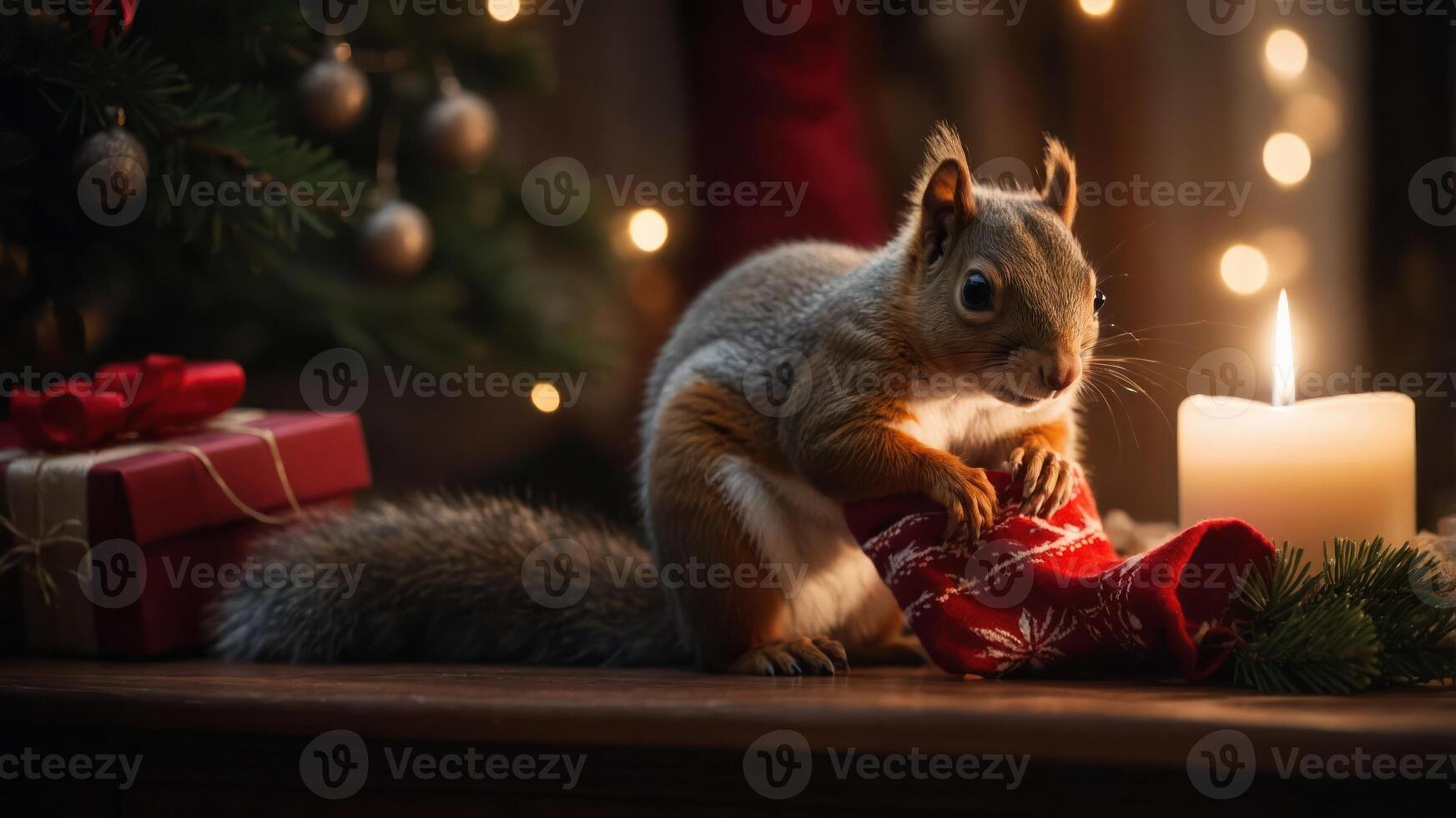 A squirrel interacts with a festive stocking near a candle and Christmas decorations. photo