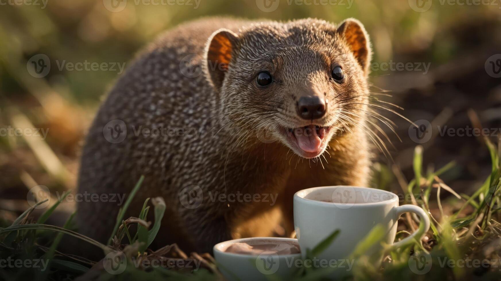 A playful mongoose interacts with two small cups, creating a whimsical scene. photo