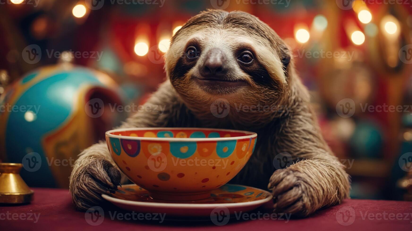 A cheerful sloth holds a colorful bowl, set in a vibrant, whimsical environment. photo