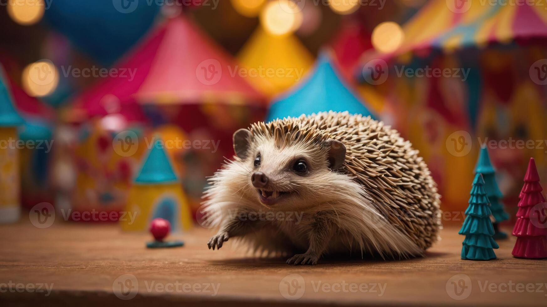 A hedgehog in a whimsical carnival setting with colorful tents and decorations. photo