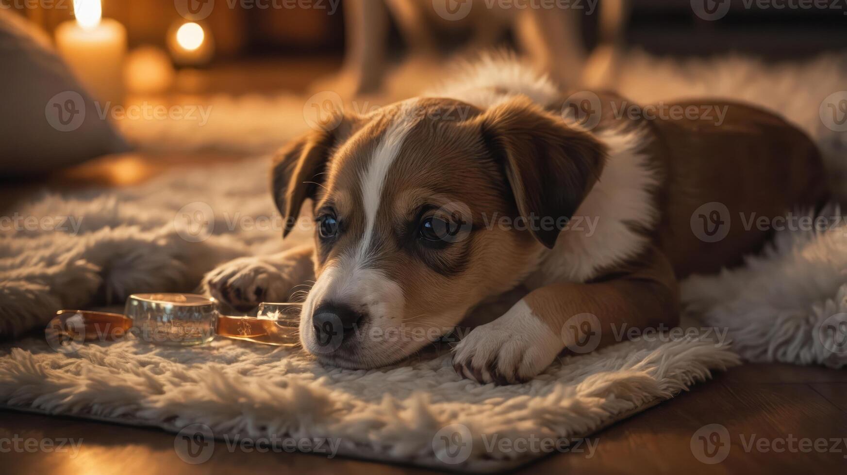 A cozy puppy resting on a fluffy rug, surrounded by soft lighting and candles. photo