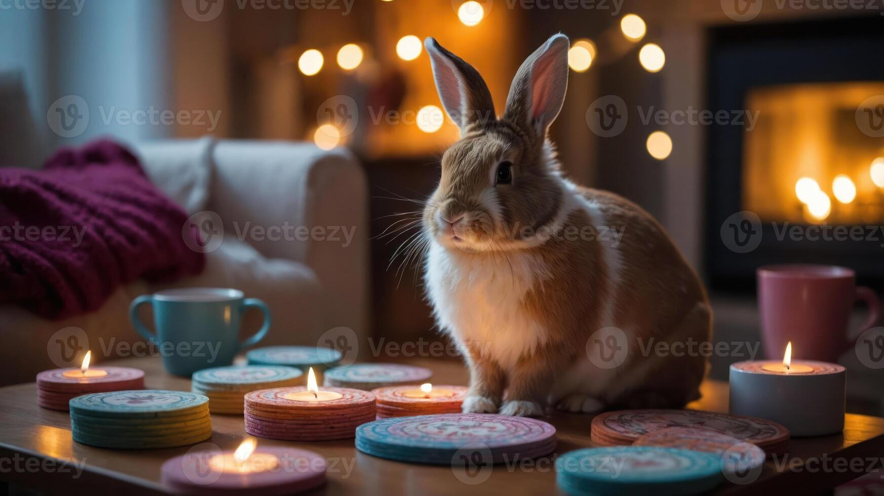 A cozy scene featuring a rabbit surrounded by candles and decorative coasters. photo