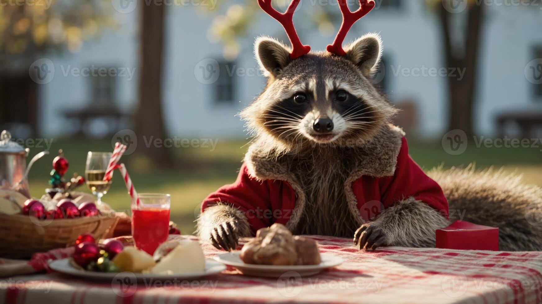 A raccoon in a festive red coat sits at a table with holiday treats and decorations. photo