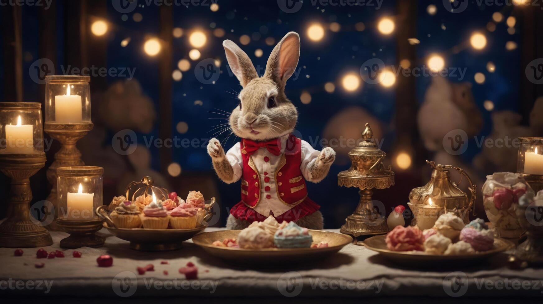 A whimsical rabbit in a festive outfit stands before a dessert-laden table with candles. photo
