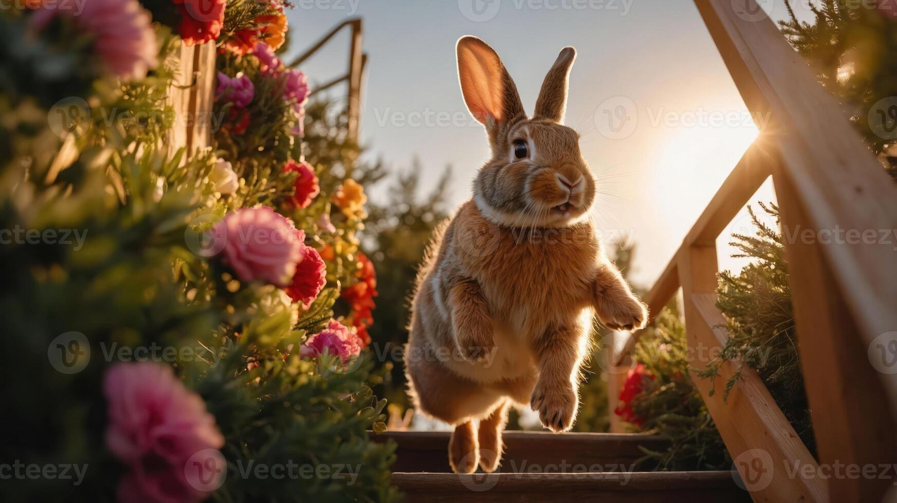 A rabbit joyfully hops up stairs surrounded by colorful flowers at sunset. photo