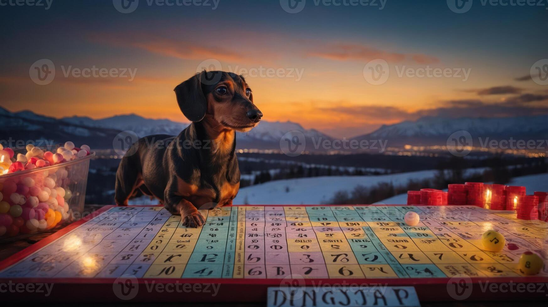 A dachshund sits on a bingo board at sunset, surrounded by colorful objects and candles. photo