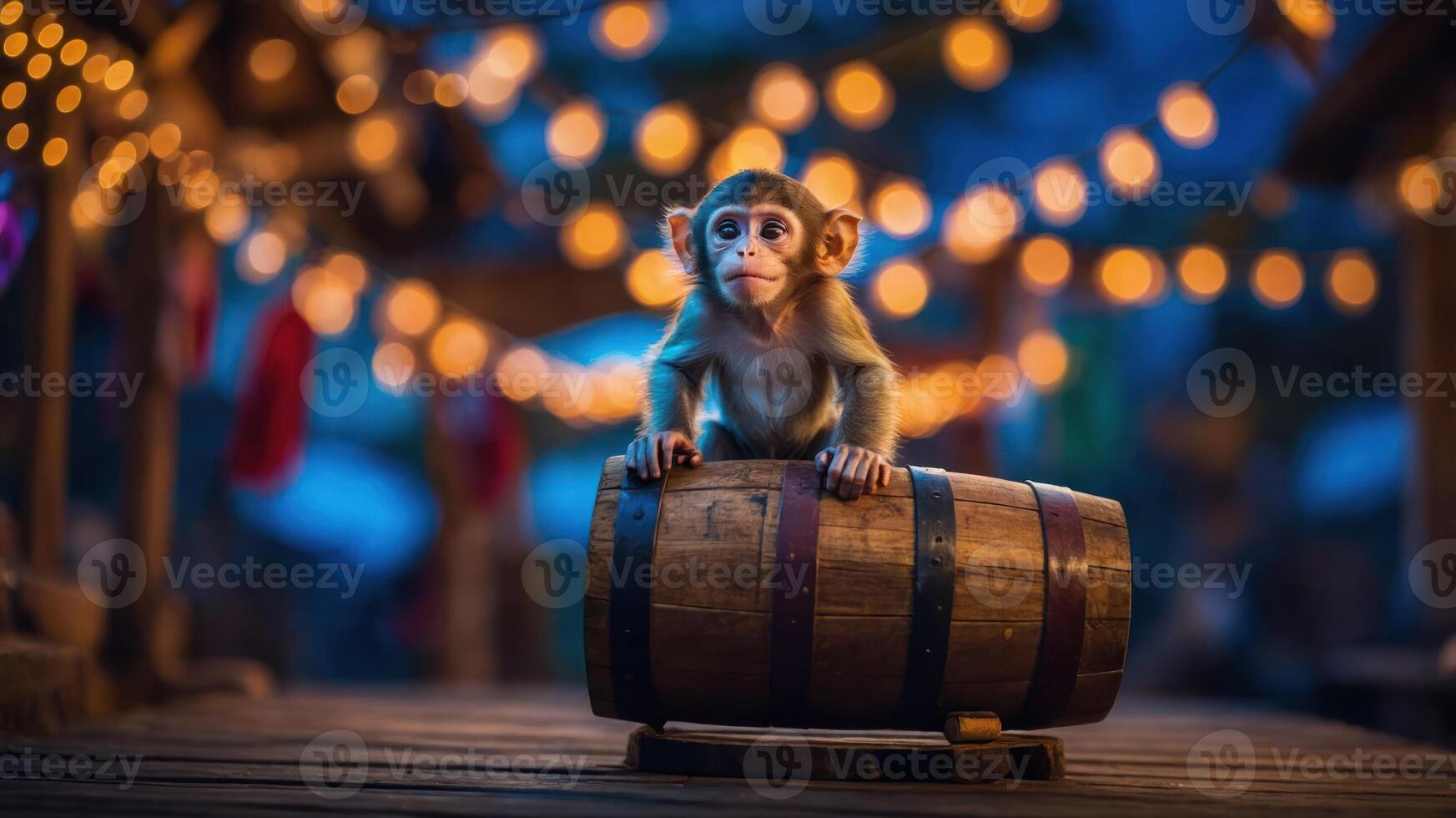 A playful monkey perched on a barrel, illuminated by festive lights in a lively setting. photo