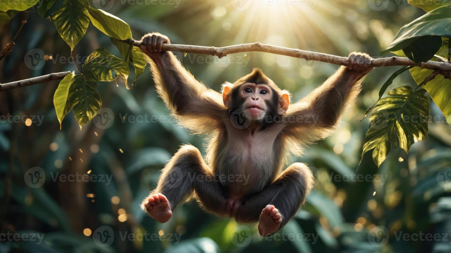A young monkey hangs from a branch in a lush, sunlit jungle setting. photo