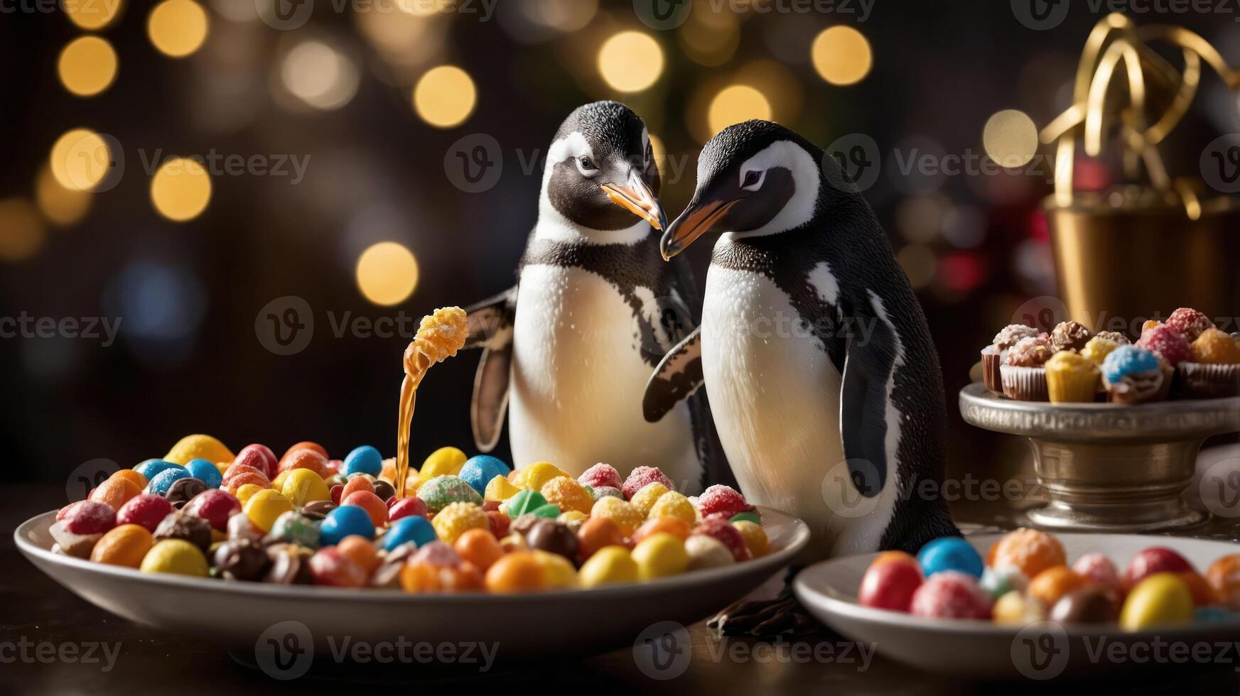 Two penguins interacting with a colorful array of candies on a festive table. photo