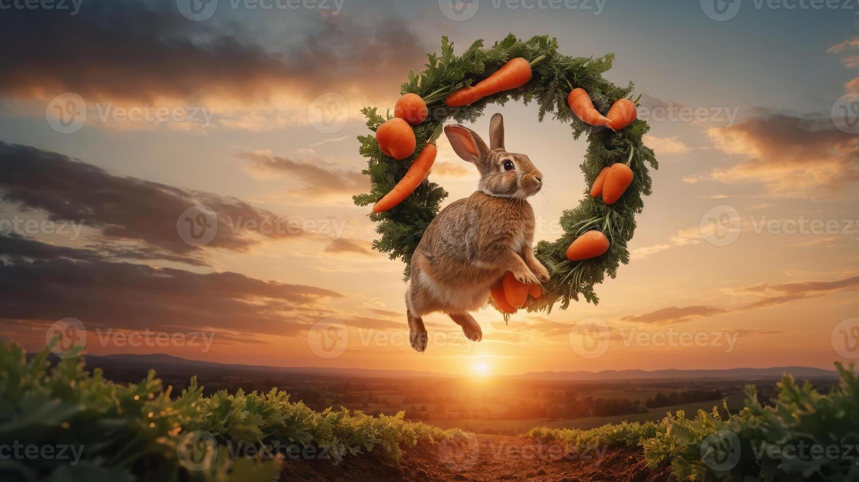 A rabbit leaps through a wreath of carrots at sunset, symbolizing nature and abundance. photo