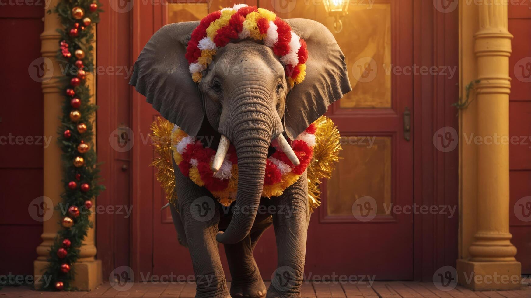 An elephant adorned with festive decorations stands in front of a colorful entrance. photo