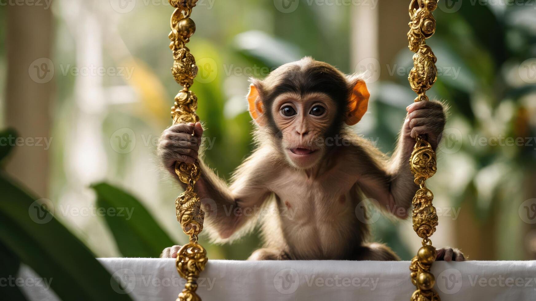 A young monkey sitting on a swing, surrounded by greenery, showcasing a playful demeanor. photo