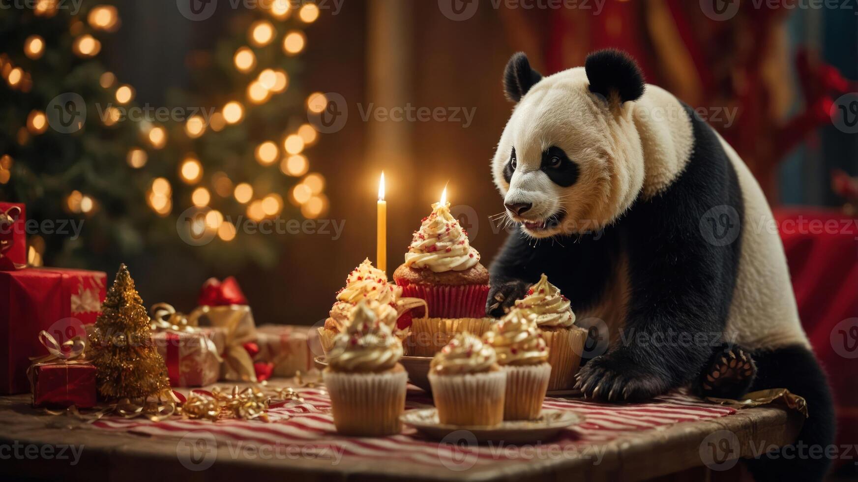 A panda curiously inspects festive cupcakes on a table adorned with holiday decorations. photo