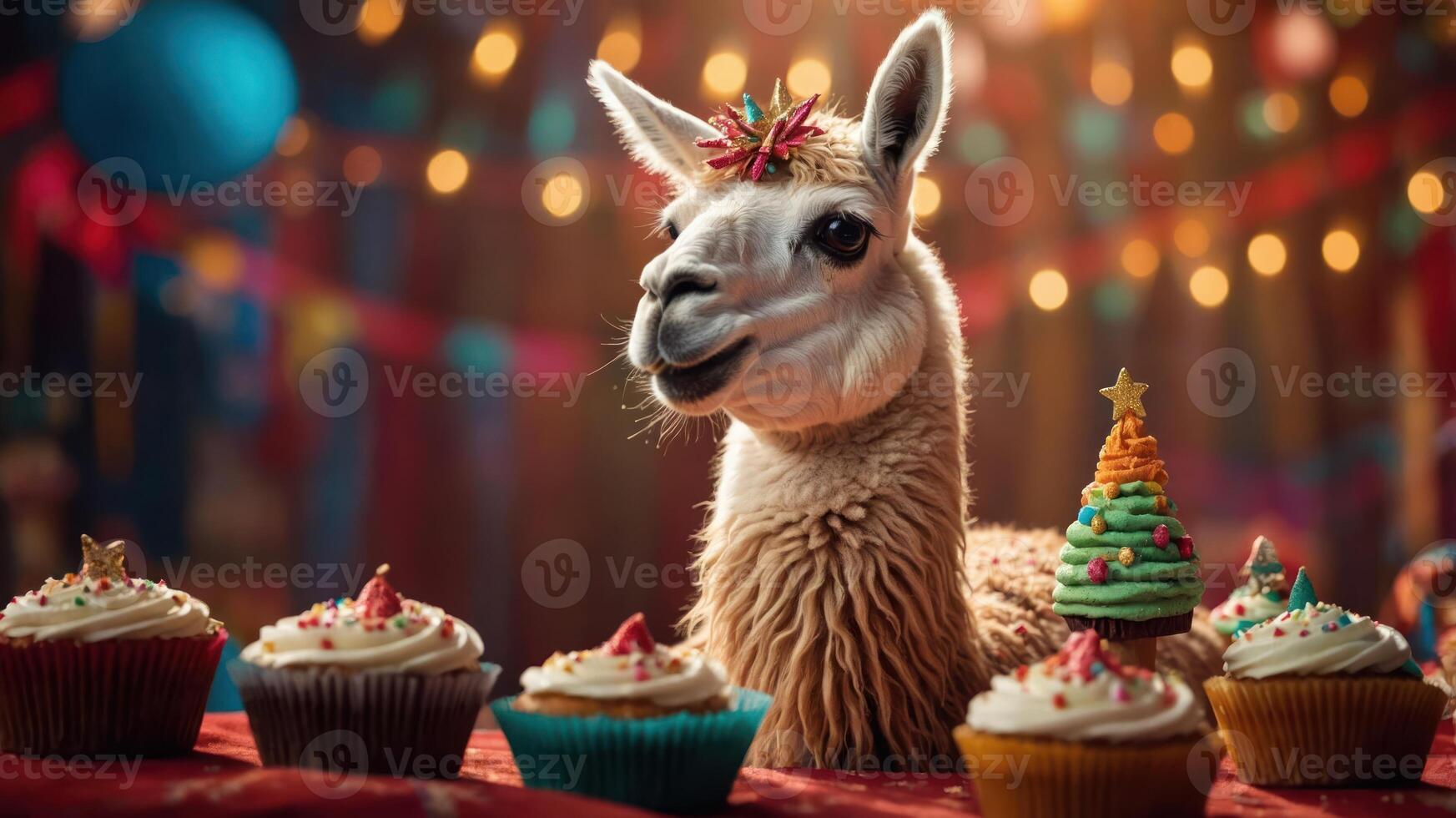 A festive llama poses with decorated cupcakes and a small Christmas tree. photo