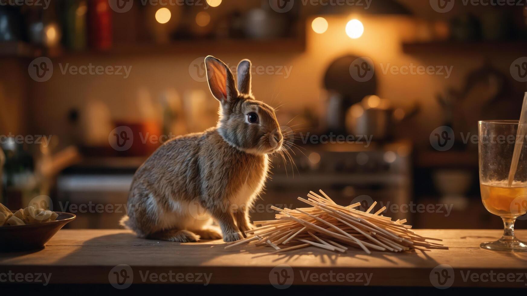 A rabbit sits on a kitchen counter beside a pile of sticks and a glass of drink. photo