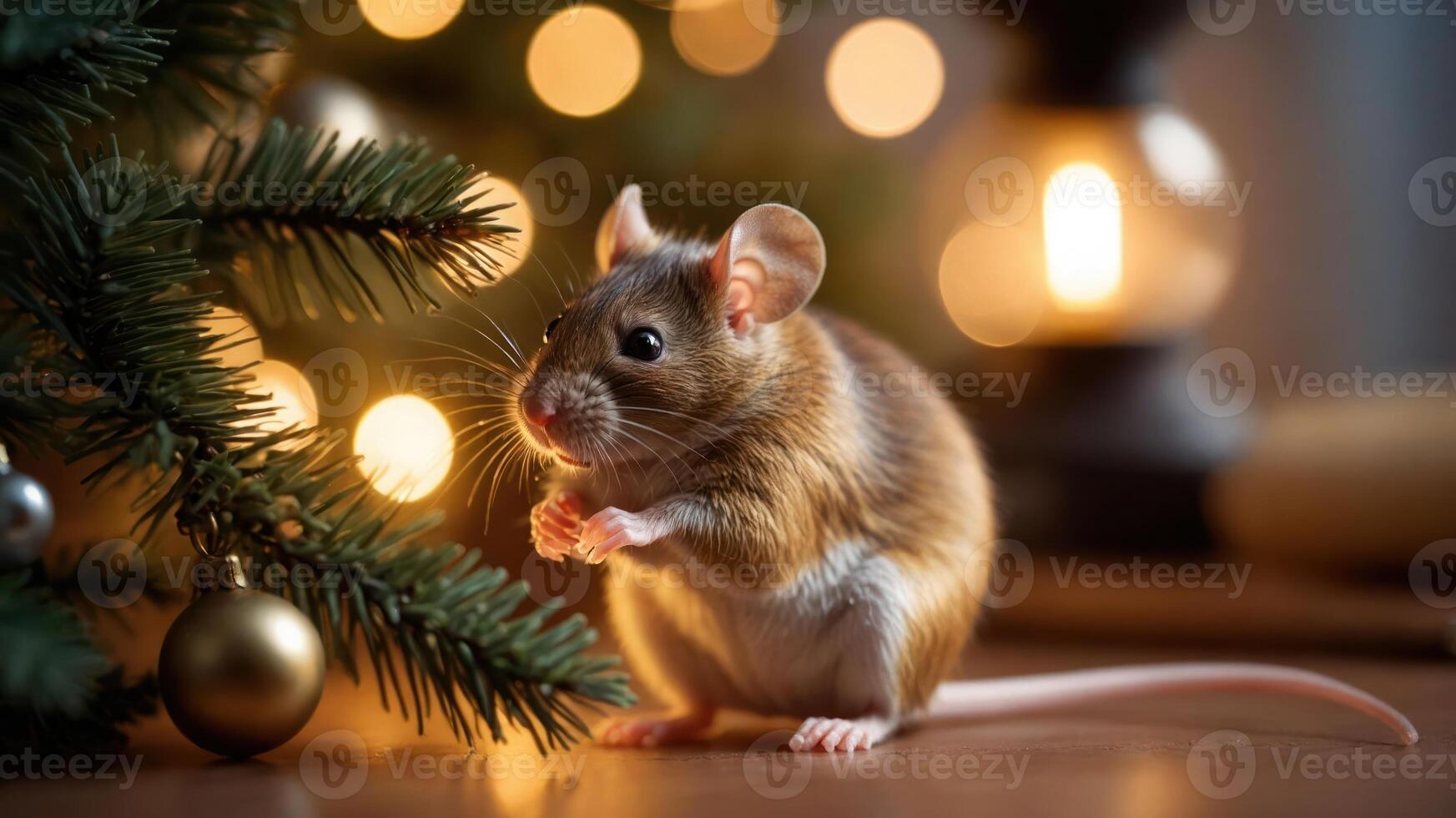A cute mouse near a Christmas tree, surrounded by warm lights and festive decorations. photo