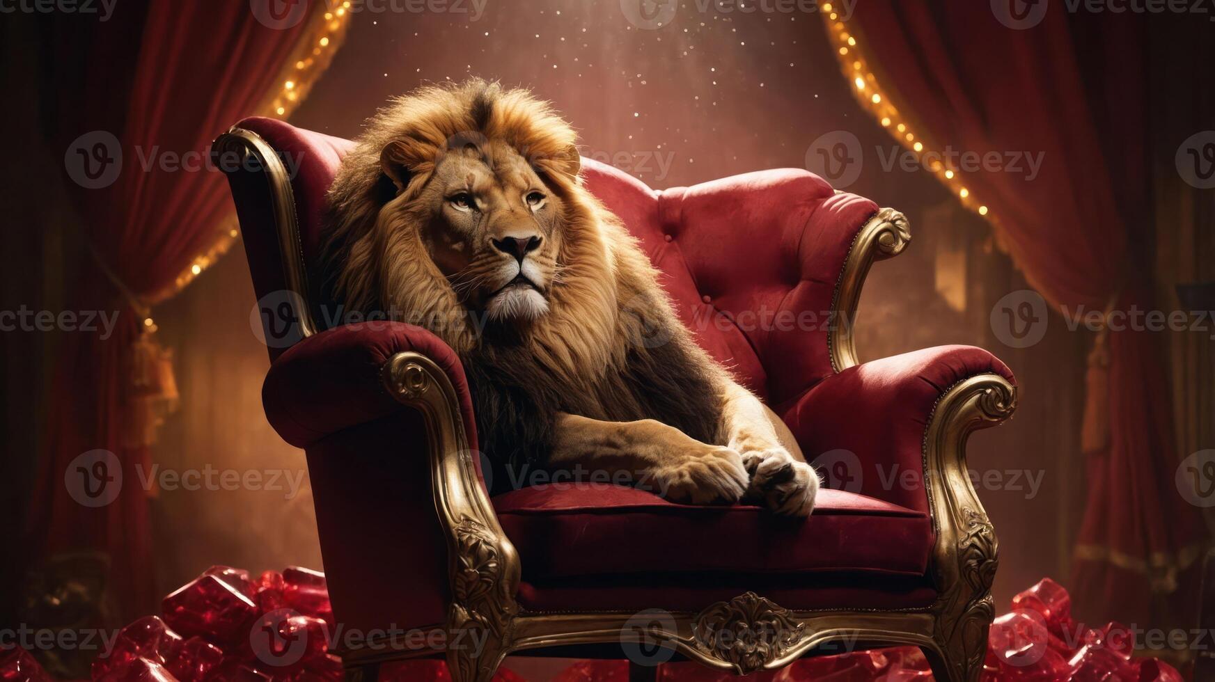 A majestic lion lounging on a luxurious red chair, surrounded by sparkling gems. photo
