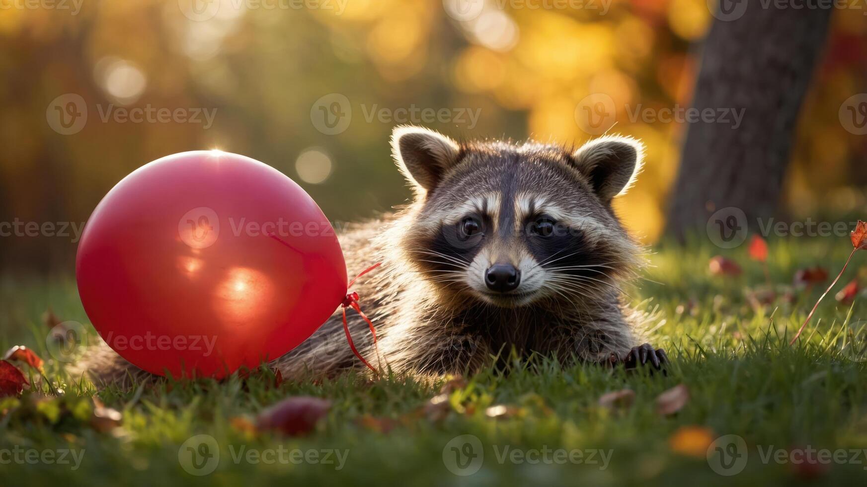 A raccoon rests beside a bright red balloon in a sunlit autumn setting. photo