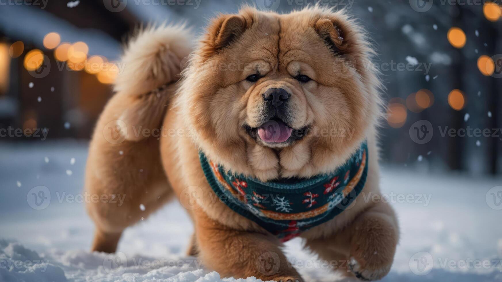 A fluffy Chow Chow dog wearing a festive scarf plays in the snow. photo
