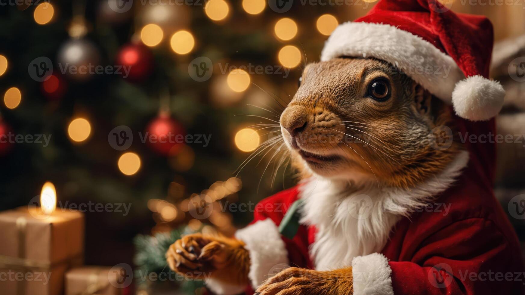 A festive squirrel dressed in a Santa outfit surrounded by Christmas decorations. photo