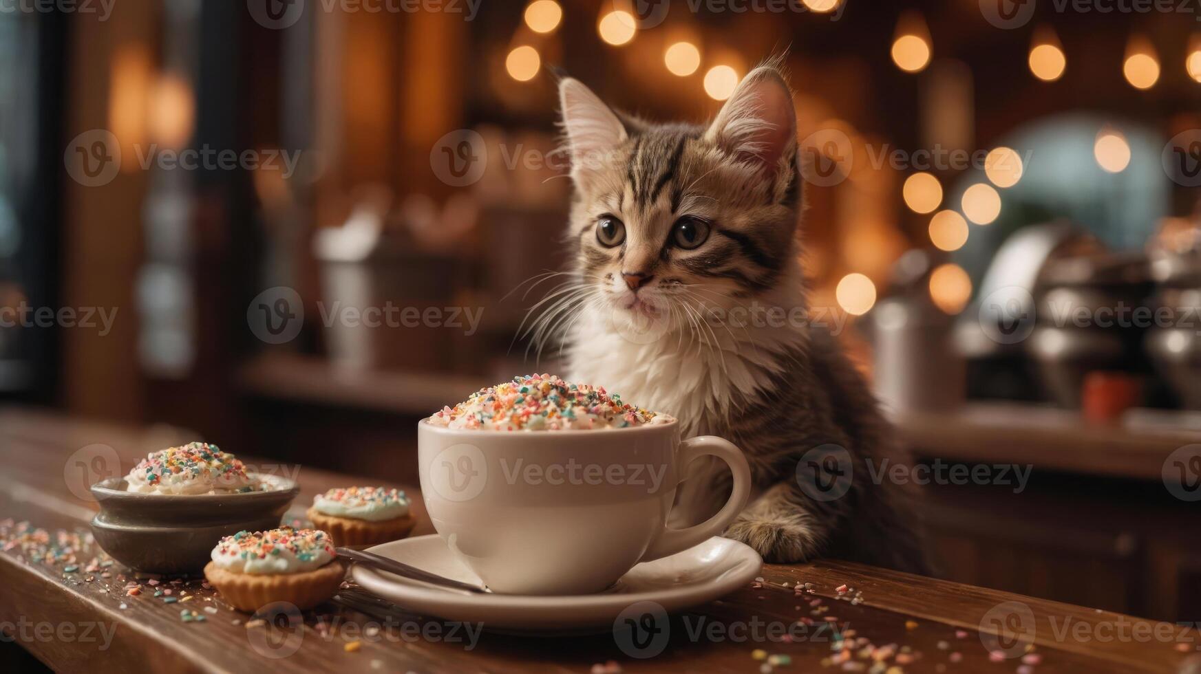 A playful kitten beside a cup and cupcakes in a cozy caf setting. photo