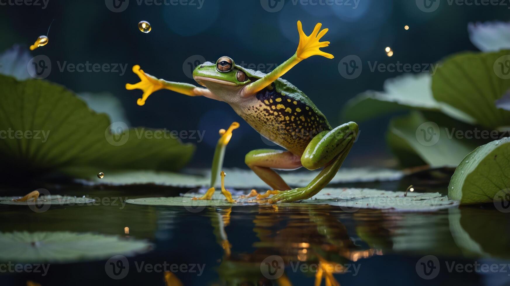 A vibrant frog leaps on lily pads, surrounded by a serene water environment. photo