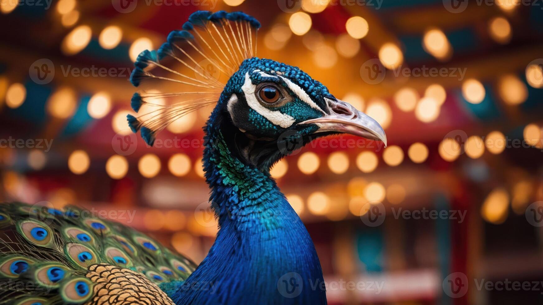 A vibrant peacock with striking blue and green feathers against a blurred festive background. photo