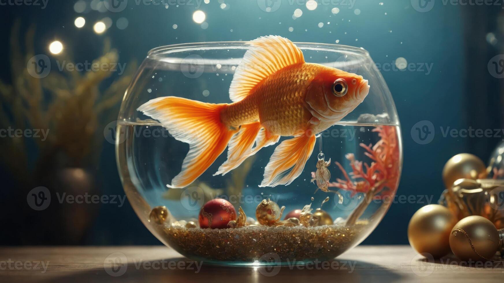 A goldfish swims in a decorative bowl surrounded by festive ornaments and a serene background. photo