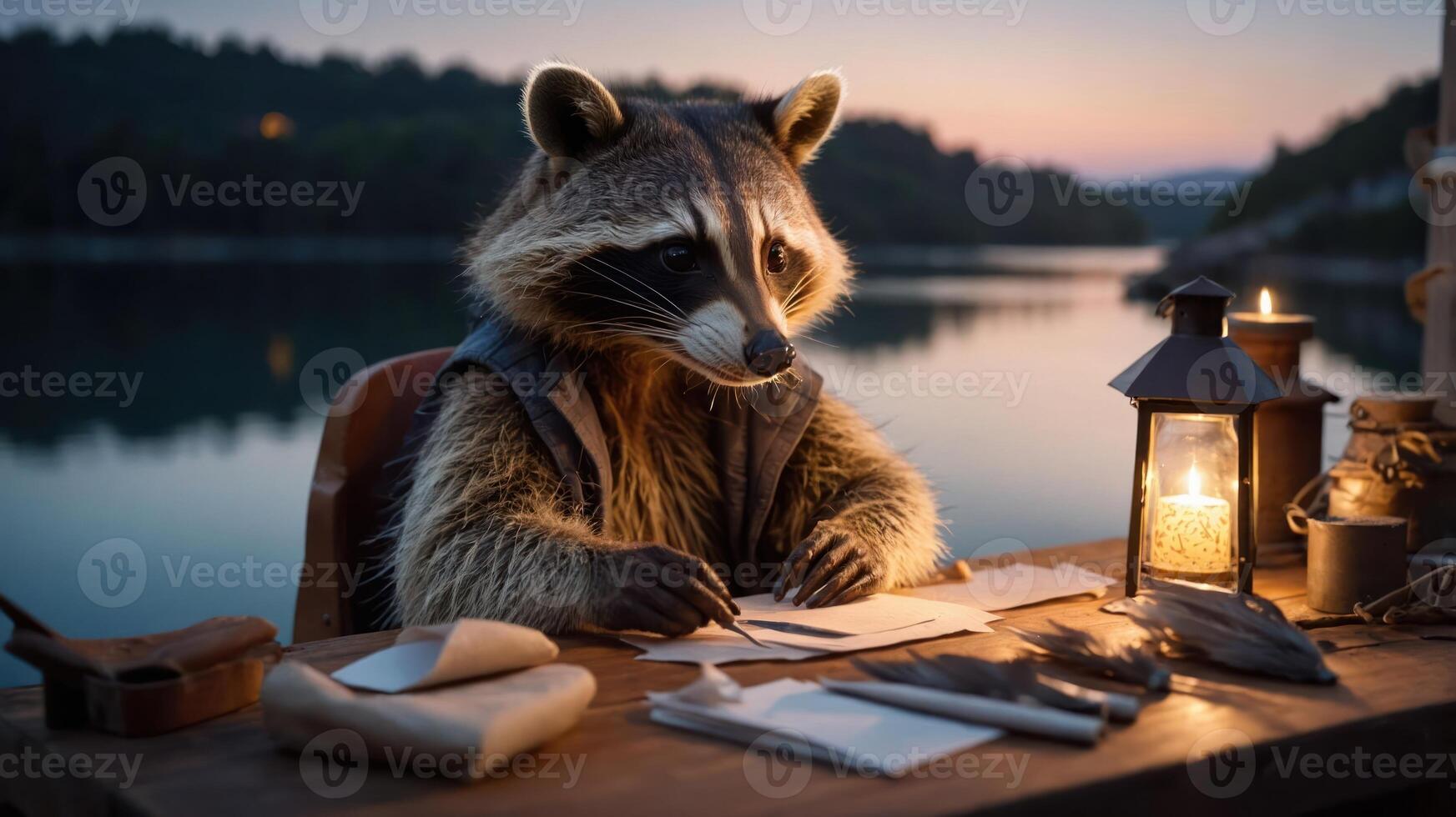 A raccoon dressed in attire sits at a desk by a lake, writing under lantern light. photo