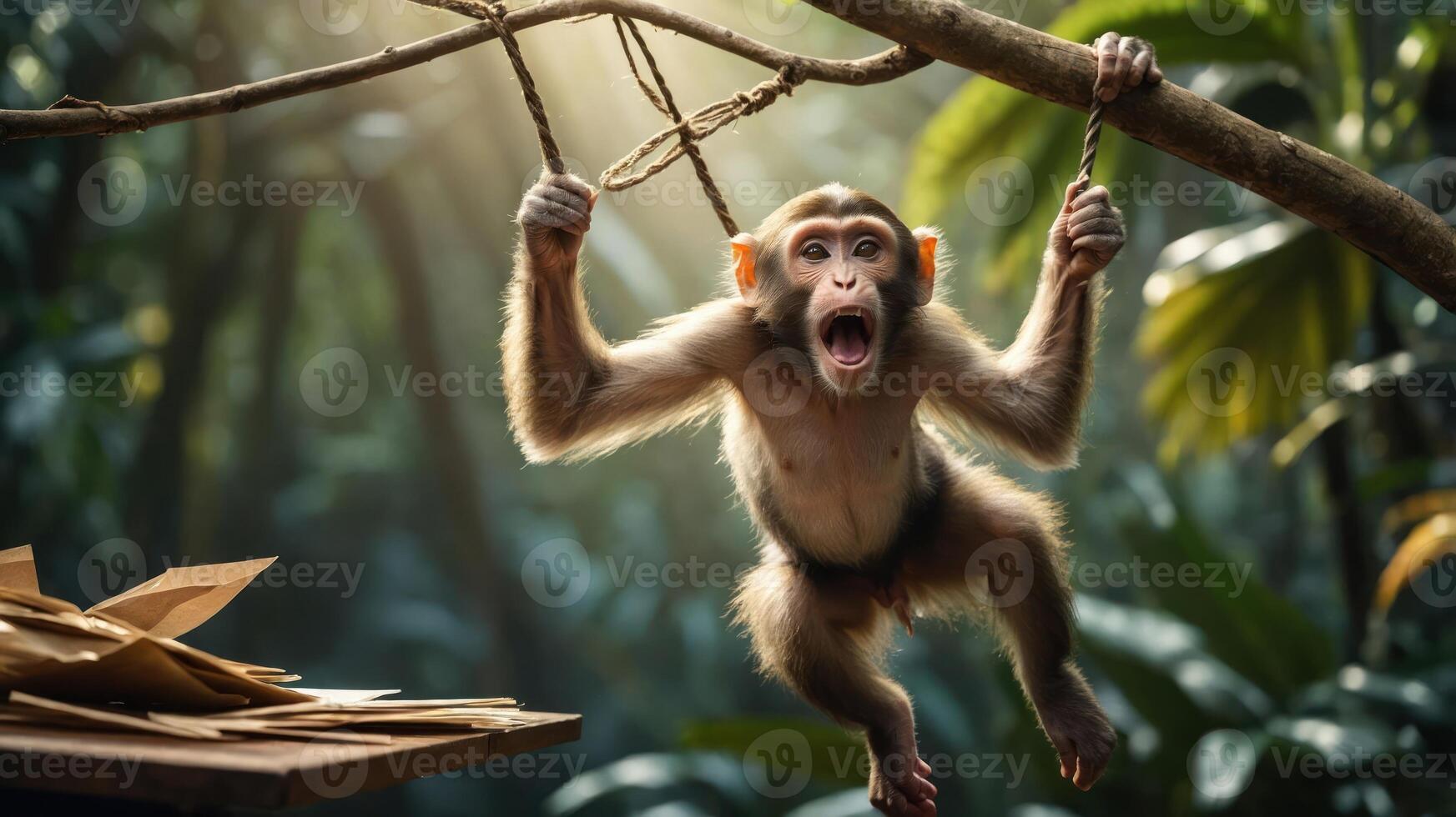 A monkey hanging from a branch in a lush forest, expressing excitement or surprise. photo