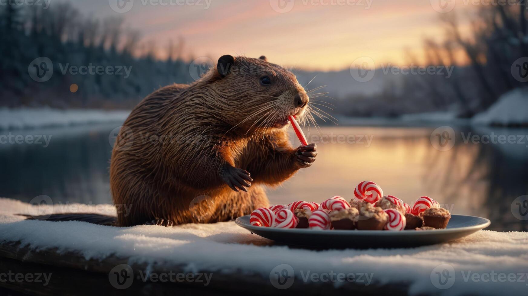 A beaver enjoying candy canes by a snowy lakeside at sunset. photo