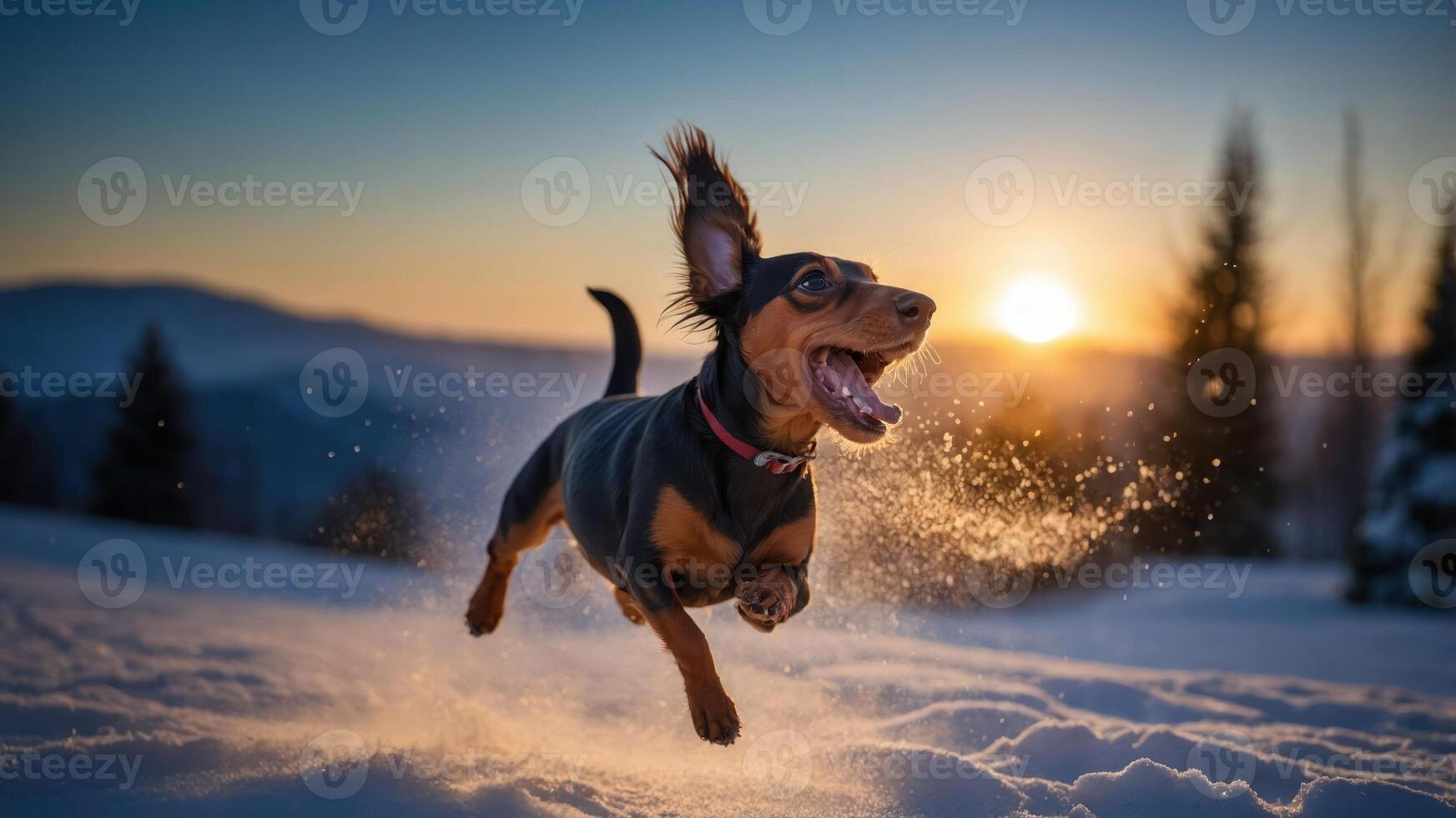 A joyful dog runs through the snow at sunset, capturing a moment of pure happiness. photo