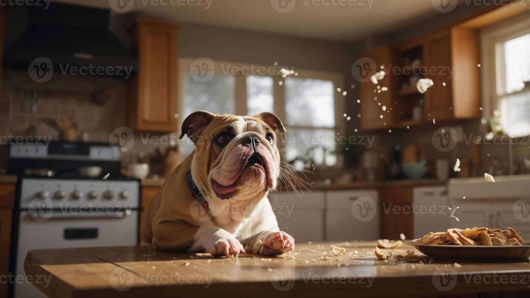 A bulldog sits on a kitchen table, looking at food with crumbs flying around. photo