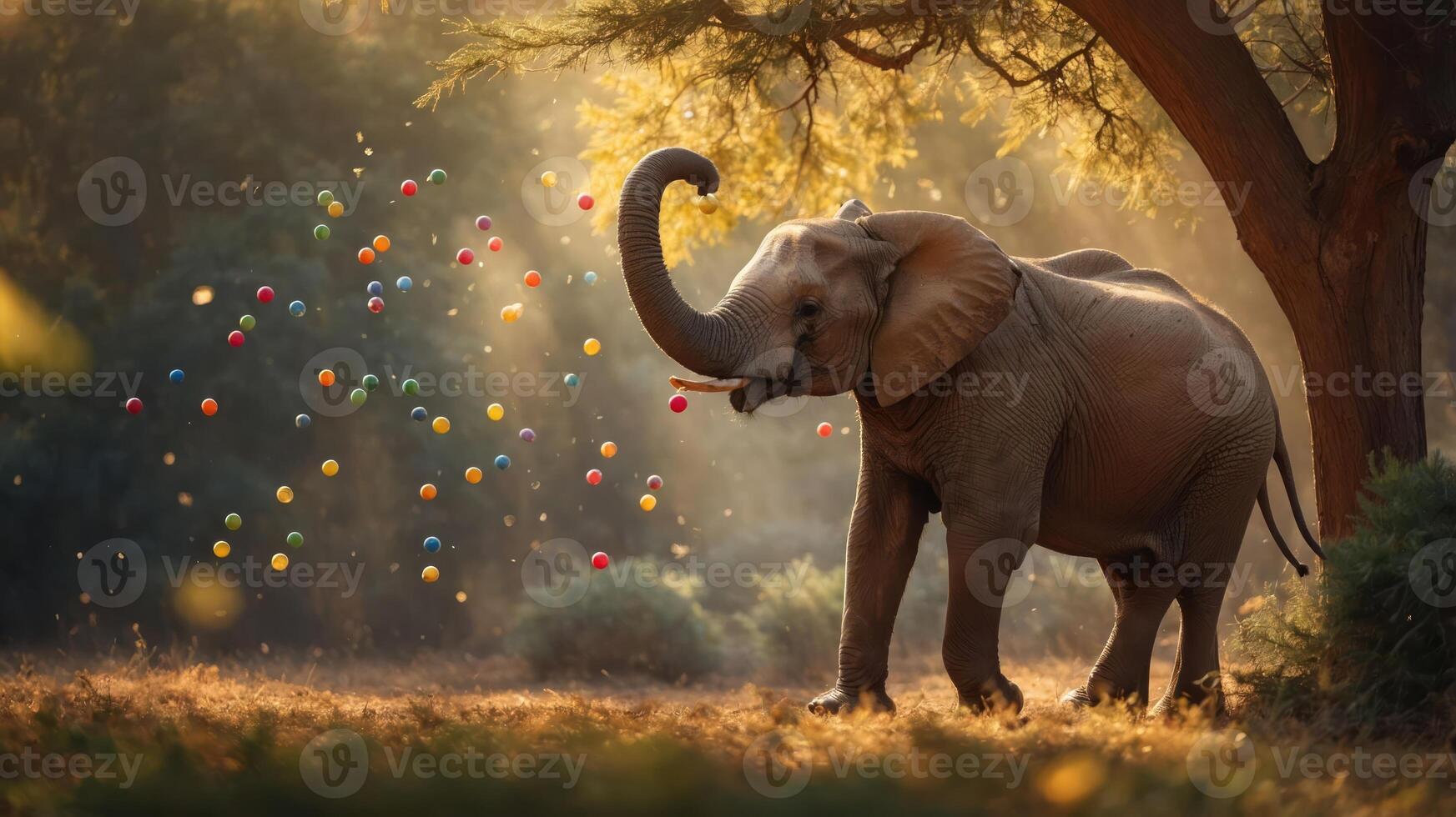 An elephant stands under a tree, surrounded by colorful floating balls in a serene landscape. photo