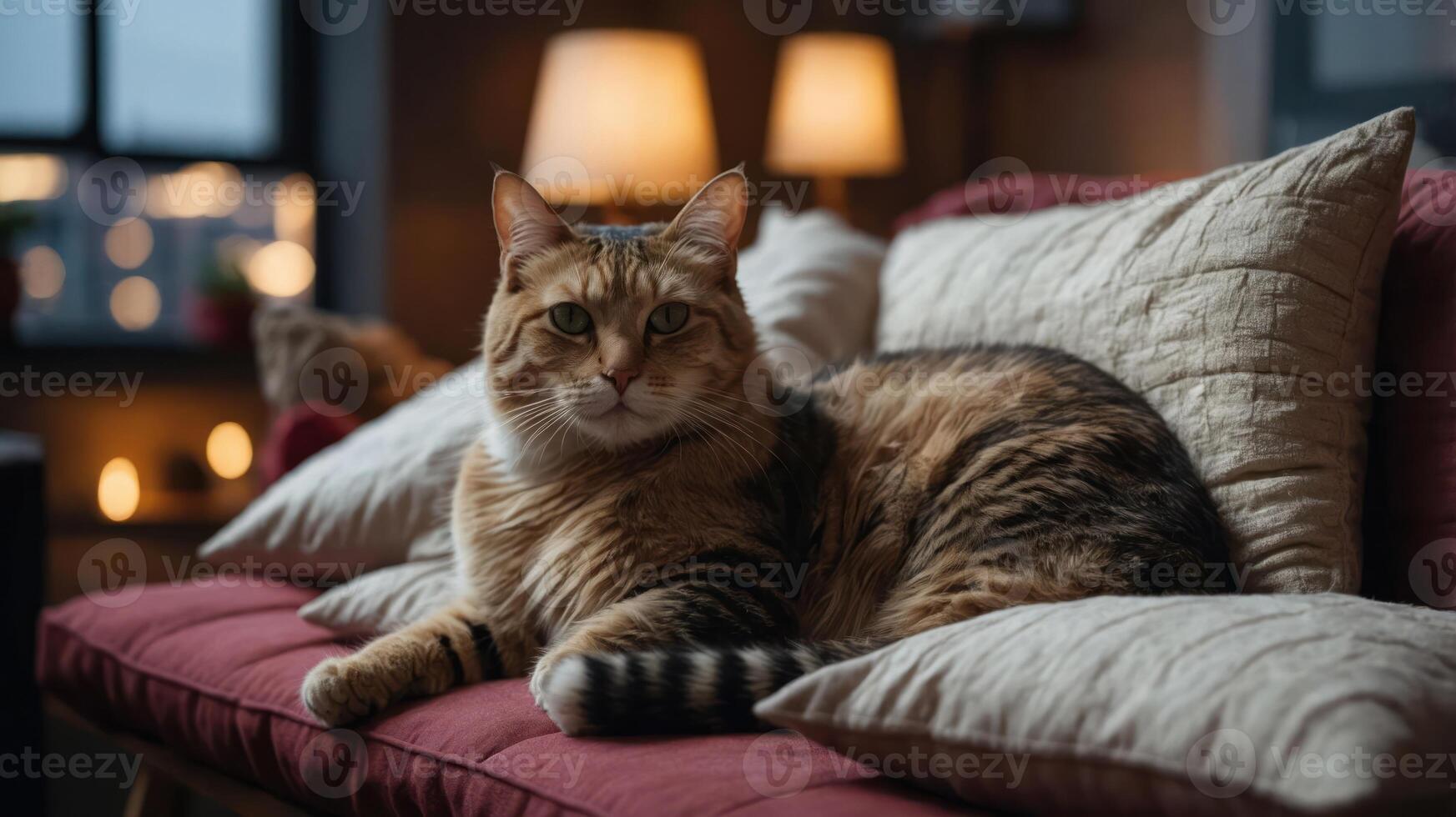 A relaxed cat lounging on a cozy sofa with cushions in a warmly lit room. photo