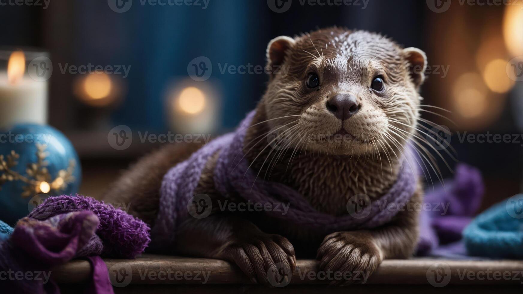 A cute otter wrapped in a purple scarf, surrounded by candles and festive decor. photo