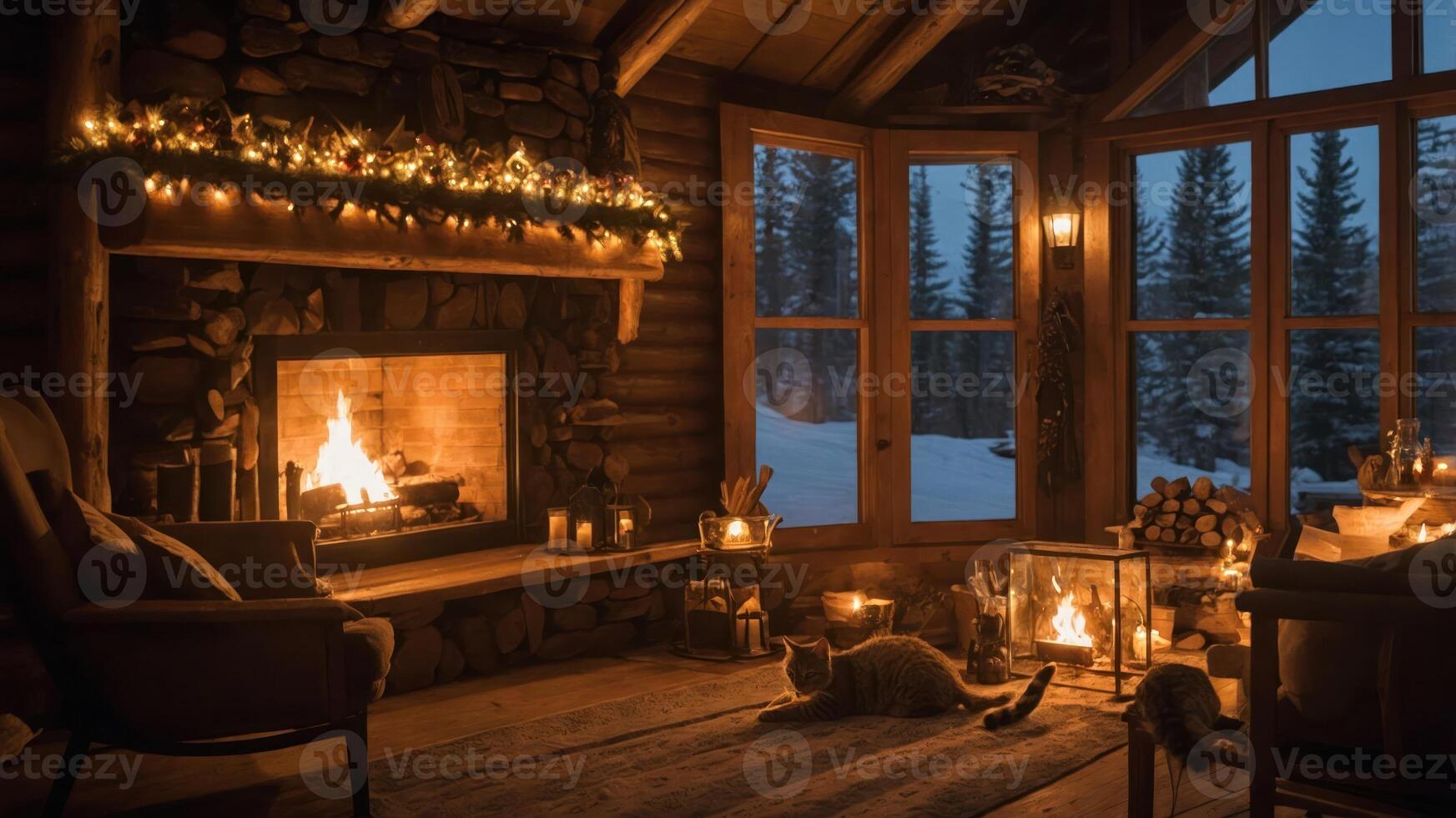 Cozy cabin interior with a warm fireplace and a cat, creating a tranquil atmosphere. photo