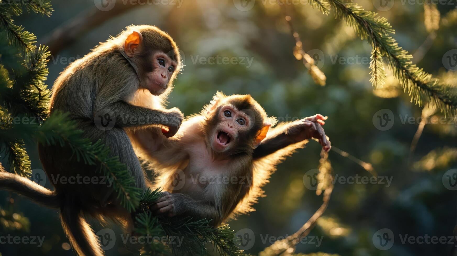 Two playful monkeys interacting on branches in a sunlit forest. photo