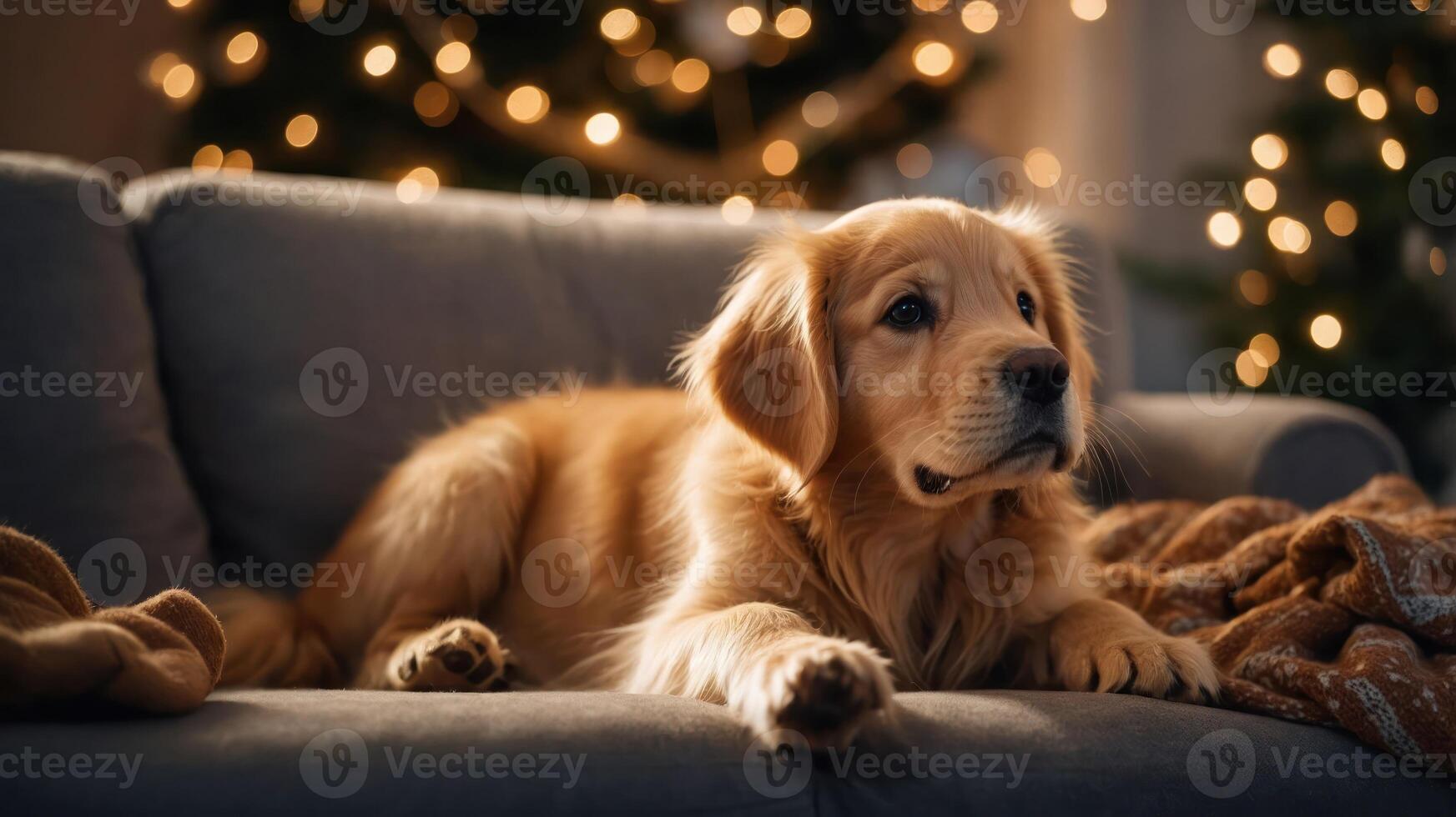 A golden retriever resting on a couch with festive decorations in the background. photo