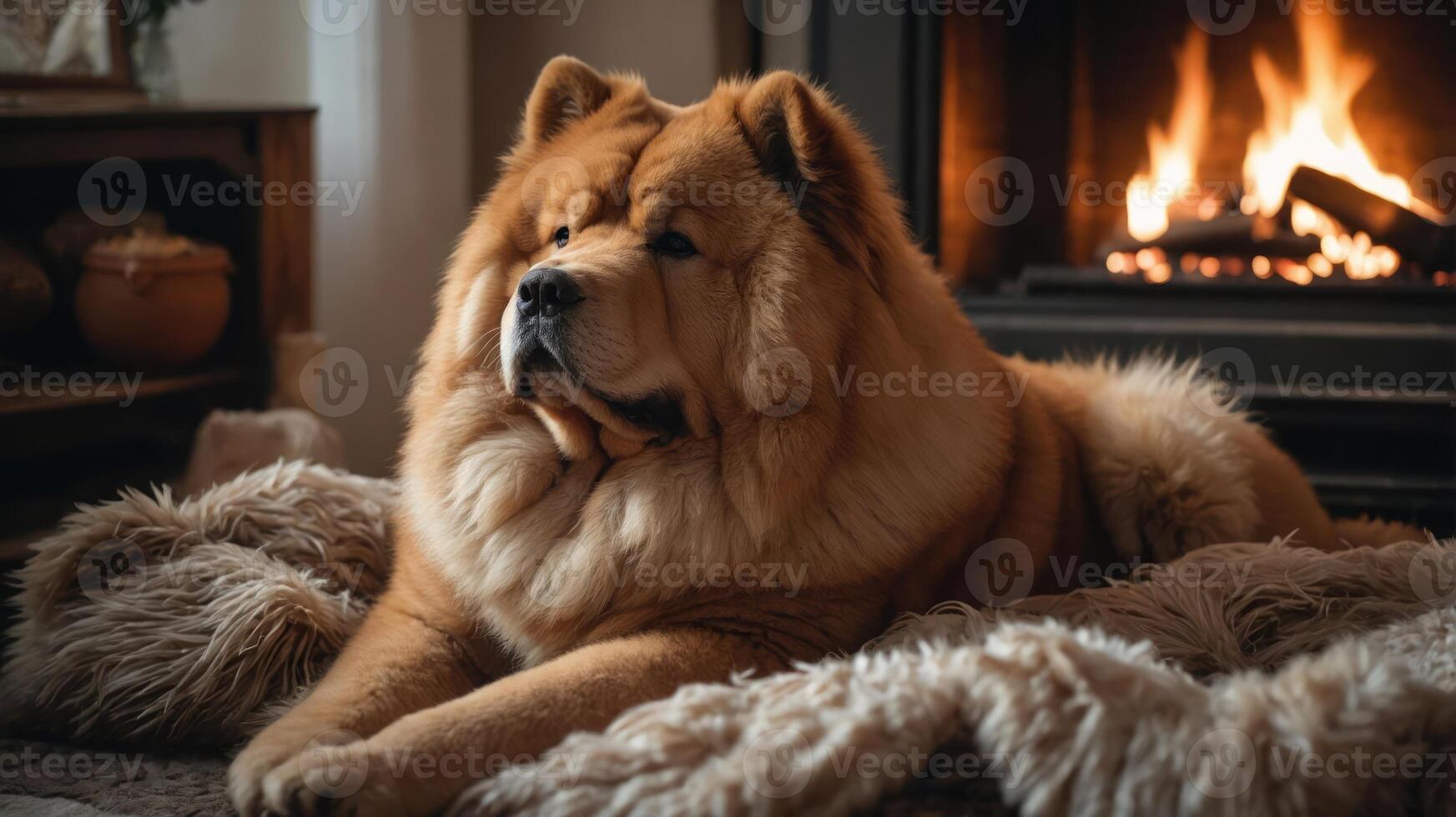 A fluffy Chow Chow dog resting comfortably by a cozy fireplace. photo