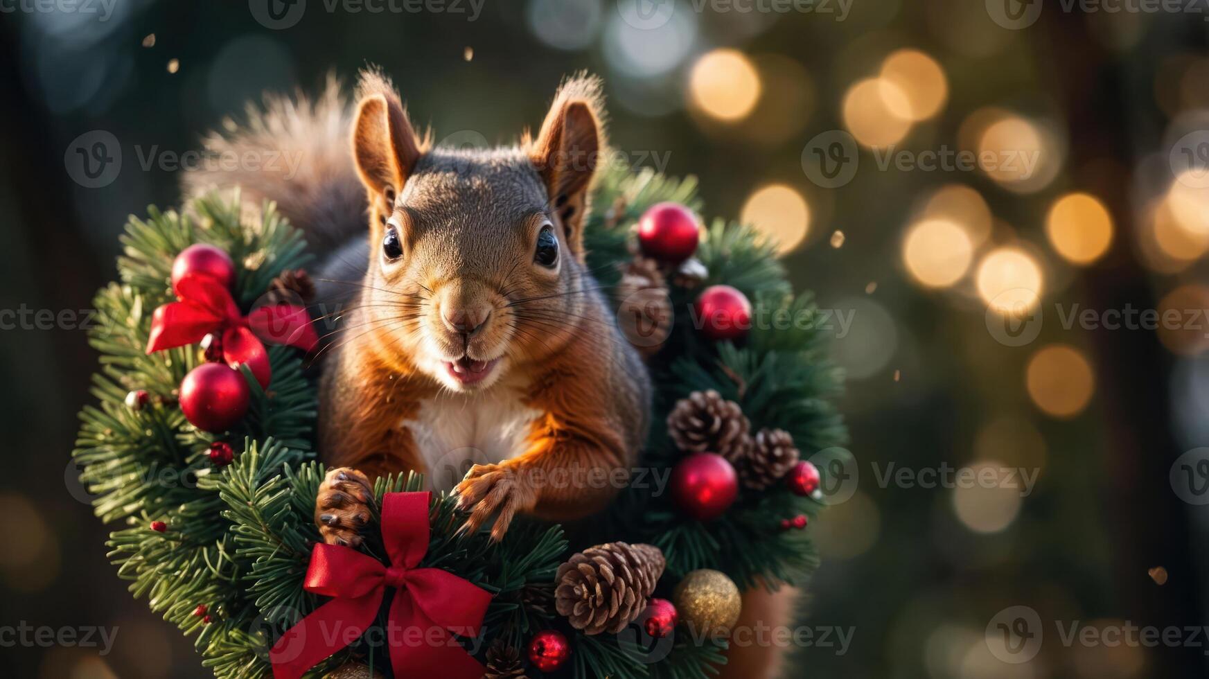 A playful squirrel nestled in a festive Christmas wreath adorned with ornaments and pinecones. photo