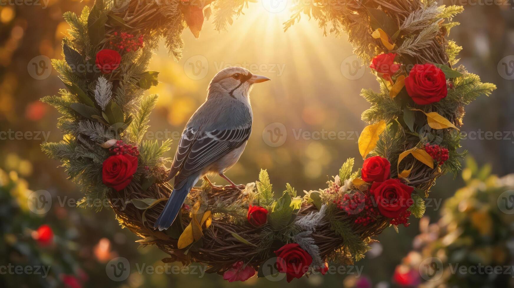 A bird perched on a floral wreath with sunlight filtering through, creating a serene atmosphere. photo
