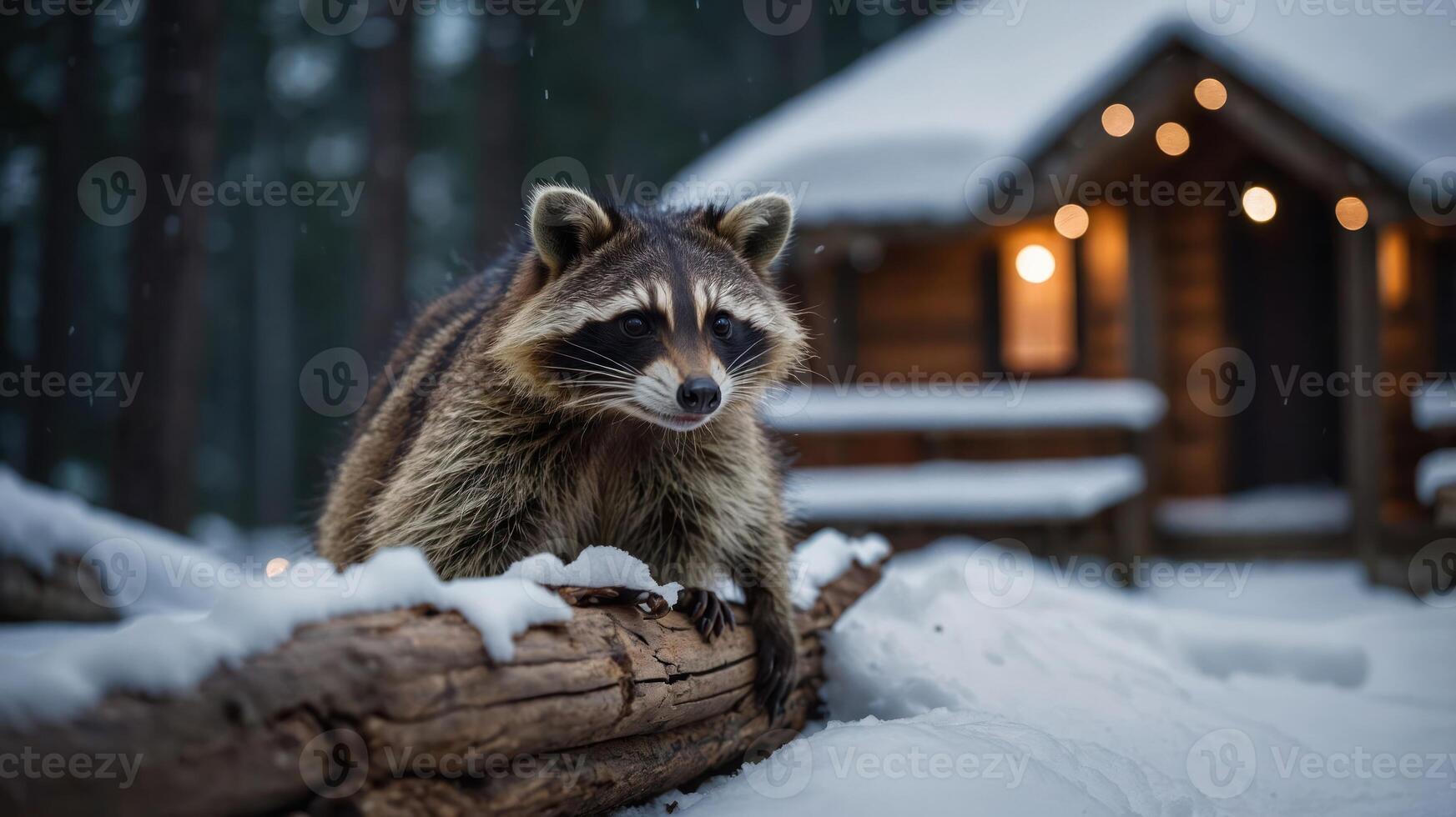 A raccoon sits on a log in a snowy landscape near a cozy cabin. photo