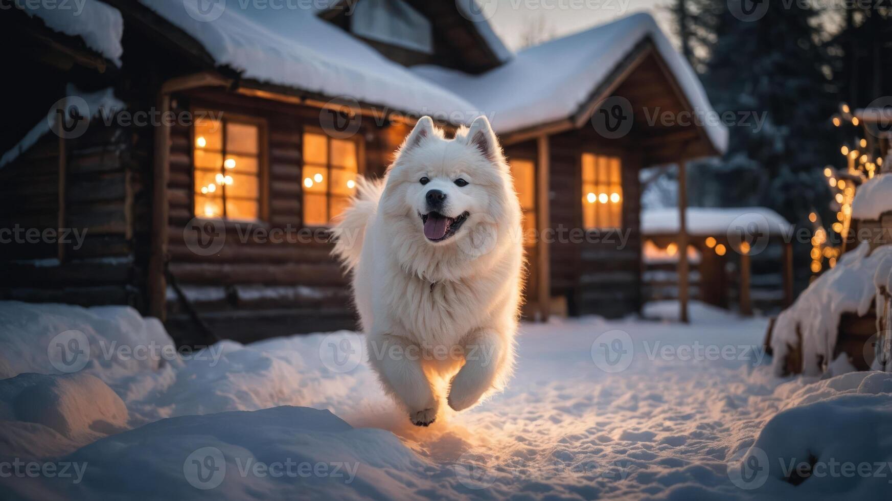 A joyful Samoyed dog running through the snow near cozy wooden cabins at dusk. photo