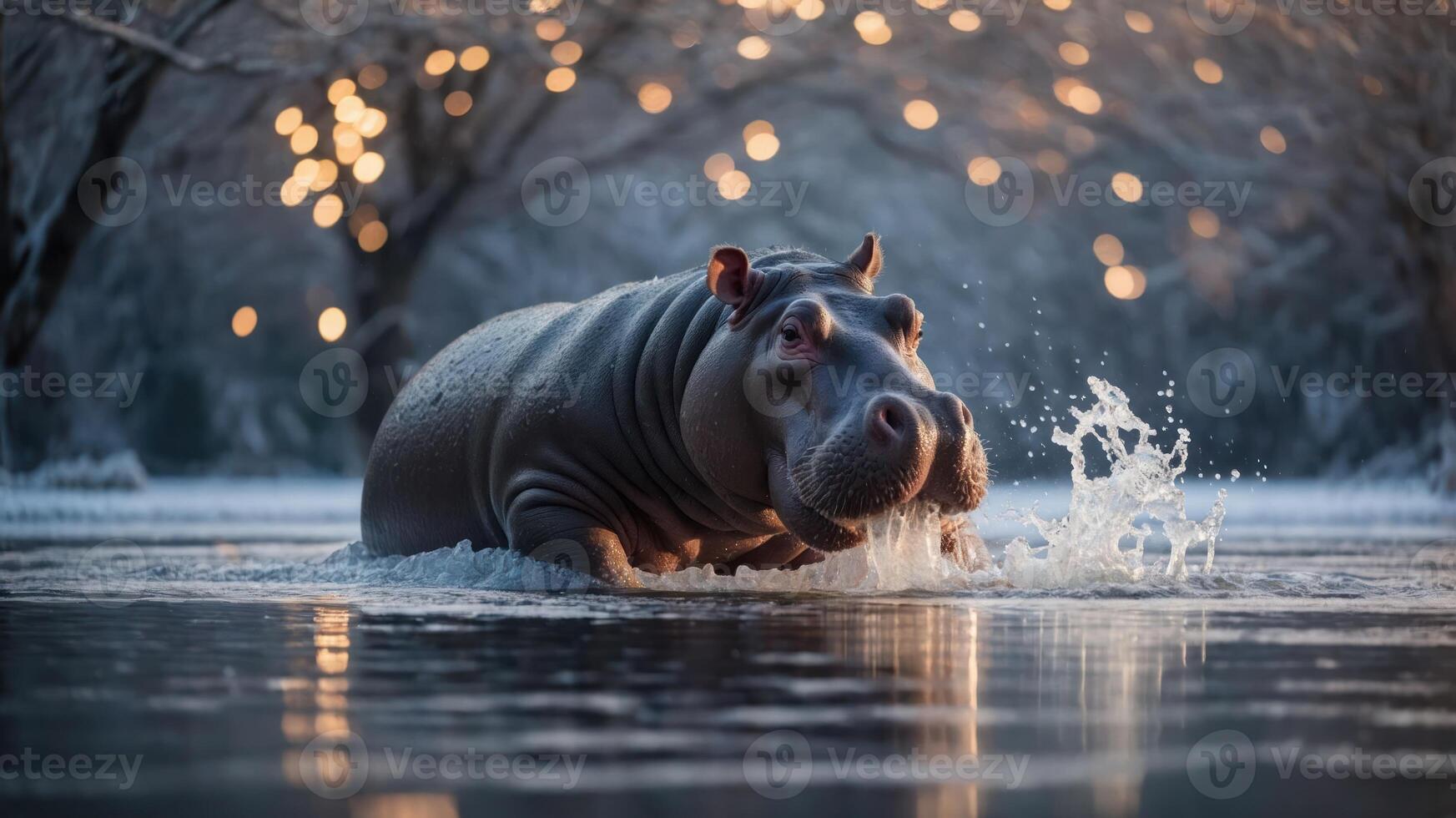 A hippo splashes in a serene, frosty environment with soft lighting in the background. photo