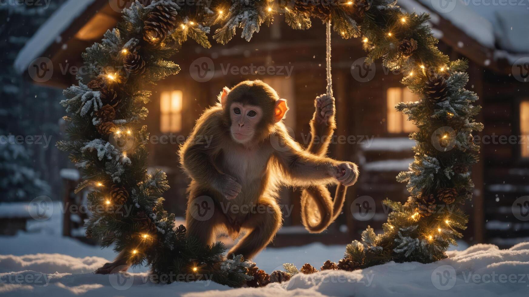 A monkey playfully interacts with a decorated wreath in a snowy landscape near a cabin. photo